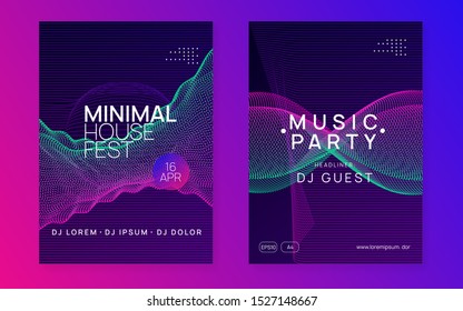 Electro event. Dynamic gradient shape and line. Trendy discotheque magazine set. Electro event neon flyer. Trance dance music. Electronic sound. Club fest poster. Techno dj party.