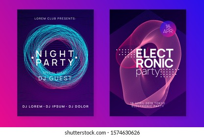 Electro event. Dynamic gradient shape and line. Bright concert magazine set. Electro event neon flyer. Trance dance music. Electronic sound. Club fest poster. Techno dj party.