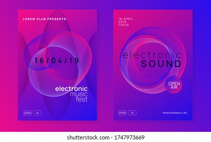 Electro event. Dynamic gradient shape and line. Geometric show magazine set. Electro event neon flyer. Trance dance music. Electronic sound. Club fest poster. Techno dj party.