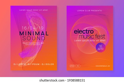 Electro event. Dynamic gradient shape and line. Digital show magazine set. Electro event neon flyer. Trance dance music. Electronic sound. Club fest poster. Techno dj party.