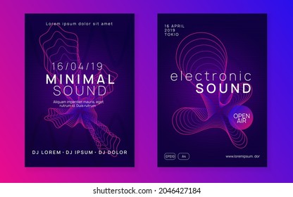 Electro event. Dynamic gradient shape and line. Bright concert cover set. Electro event neon flyer. Trance dance music. Electronic sound. Club fest poster. Techno dj party.
