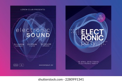 Electro event. Dynamic gradient shape and line. Cool show brochure set. Electro event neon flyer. Trance dance music. Electronic sound. Club fest poster. Techno dj party.