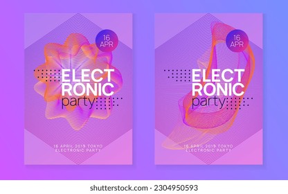 Electro event. Dynamic gradient shape and line. Bright discotheque invitation set. Electro event neon flyer. Trance dance music. Electronic sound. Club fest poster. Techno dj party.