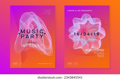 Electro event. Dynamic gradient shape and line. Bright concert banner set. Electro event neon flyer. Trance dance music. Electronic sound. Club fest poster. Techno dj party.