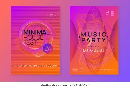 Electro event. Dynamic gradient shape and line. Geometric discotheque brochure set. Electro event neon flyer. Trance dance music. Electronic sound. Club fest poster. Techno dj party.