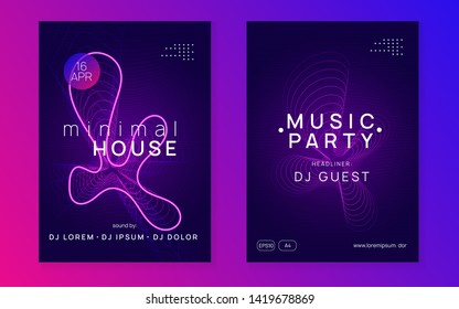 Electro event. Geometric concert banner set. Dynamic fluid shape and line. Electro event neon flyer. Trance dance music. Electronic sound. Club fest poster. Techno dj party.