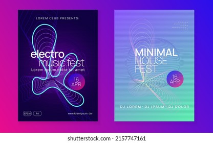 Electro event. Geometric concert cover set. Dynamic fluid shape and line. Electro event neon flyer. Trance dance music. Electronic sound. Club fest poster. Techno dj party.
