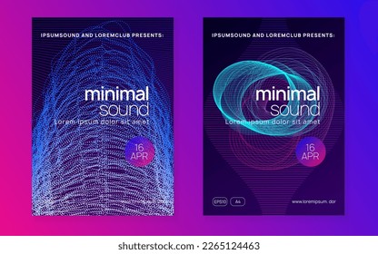 Electro event. Geometric concert cover set. Dynamic fluid shape and line. Electro event neon flyer. Trance dance music. Electronic sound. Club fest poster. Techno dj party.