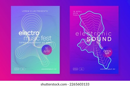 Electro event. Geometric concert invitation set. Dynamic fluid shape and line. Electro event neon flyer. Trance dance music. Electronic sound. Club fest poster. Techno dj party.