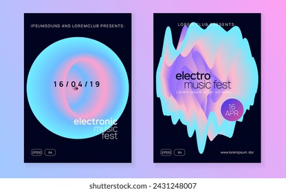 Electro Event. Banner de neón lineal. Fondo Gráfico Para Plantilla De Revista. Forma De Casa Y Discoteca. Arte Ondulado Para Cubierta. Evento De Electro Rosa Y Azul