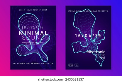 Electro event. Minimal concert banner set. Dynamic fluid shape and line. Electro event neon flyer. Trance dance music. Electronic sound. Club fest poster. Techno dj party.