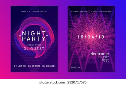 Electro event. Minimal show invitation set. Dynamic fluid shape and line. Electro event neon flyer. Trance dance music. Electronic sound. Club fest poster. Techno dj party.