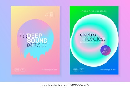 Electro Event. Neon And Show Shape. Linear Sound Flyer. Fun Effect For Cover. Creative Pattern For Presentation Concept. Purple And Turquoise Electro Event