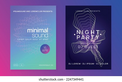 Electro event. Wavy discotheque brochure set. Dynamic fluid shape and line. Electro event neon flyer. Trance dance music. Electronic sound. Club fest poster. Techno dj party.