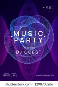 Electro event. Wavy show invitation concept. Dynamic gradient shape and line. Electro event neon flyer. Trance dance music. Electronic sound. Club fest poster. Techno dj party.