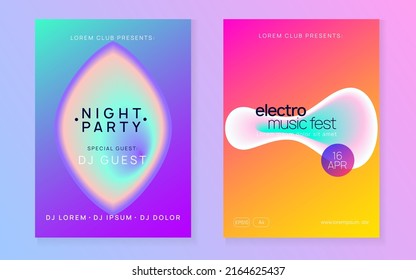 Electro Flyer. Bright Art For Magazine. Holiday Background For Cover Vector. Trance And Concert Shape. Linear Disco Event. Purple And Turquoise Electro Flyer