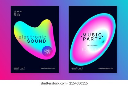 Electro Flyer. Fun Neon Poster. Dance And Discotheque Vector. Gradient Pattern For Brochure Shape. Linear Art For Set. Black And Pink Electro Flyer