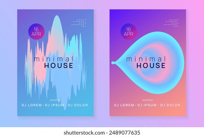 Electro Flyer. Trance And Nightlife Vector. Wave Techno Party. Geometric Background For Magazine Shape. Fun Glitch For Invitation. Pink And Blue Electro Flyer