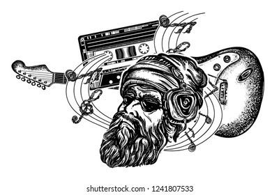 Electro guitar and music notes rock, symbol of hard rock, punk music, rock and roll art 