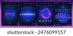 Electro music. Concert invitation. Sound poster design. Musical line waves. Voice frequency. Radio rhythm. Abstract gradient background. Graphic equalizer. Vector future color audio party flyers set