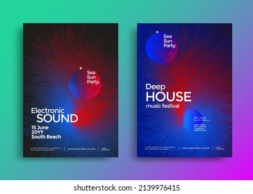Electro Music fest poster. Blue and red dynamic fluid shape. Electronic deep house sound. Concert banner set. Club event cover.
