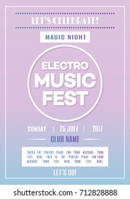 Electro music fest poster template for party with color gradient simple style background. Vector Illustration