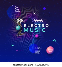 Electro music fest wave poster design. Club party flyer. Abstract gradients sound background with wavy lines.