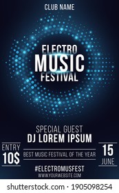 Electro music festival. Party poster. Stylish blue glittering halftone frame. Glowing vibrant ring. Text decoration. Festive banner. Club and DJ name. Vector illustration. EPS 10.