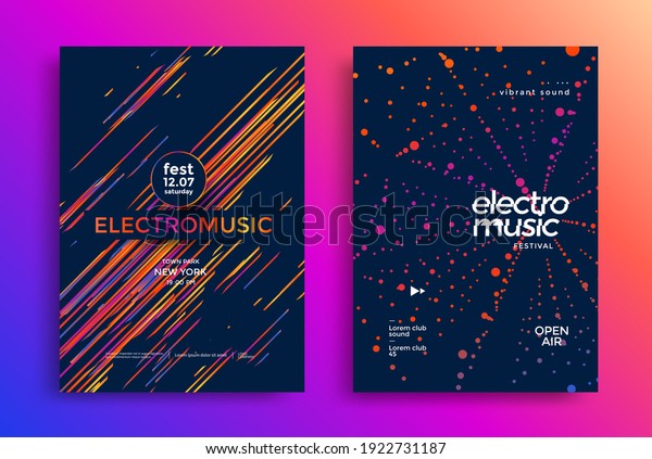 Electro music festival poster with abstract\
gradient lines and dots. Cover design Electronic sound fest. Vector\
template design for party\
flyer.