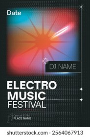 Electro music festival poster with colorful gradient background, starburst effect, wave patterns, and editable text placeholders. Ideal for music events, parties, DJ promotions. Vector illustration