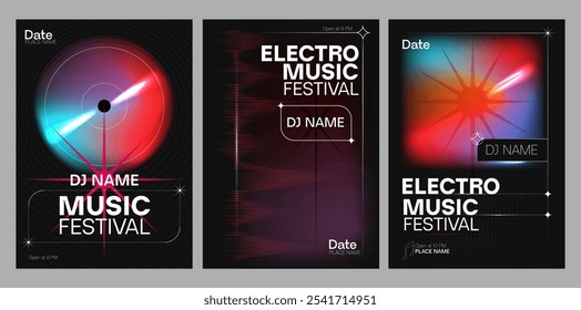 Conjunto de afiches del Festival de Música Electro. Volantes o cubiertas con ondas de gradiente, líneas y vibraciones. Invitación a fiesta de música en club nocturno. colección de Ilustración vectorial Abstractas aislada en el fondo