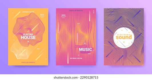 Electro Music Flyers Set. Techno Party Poster. Gradient Wave Circle. Abstract Dj Illustration. Electronic Music Flyers. Minimal Sound Rhythm. Vector 3d Banner. Electronic Music Flyers Set.