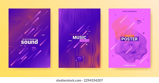 Electro Music Flyers Set. Techno Party Cover. Gradient Wave Line. Vector Edm Banner. Electronic Music Flyers. Minimal Sound Rhythm. Abstract 3d Illustration. Electronic Music Flyers Set.