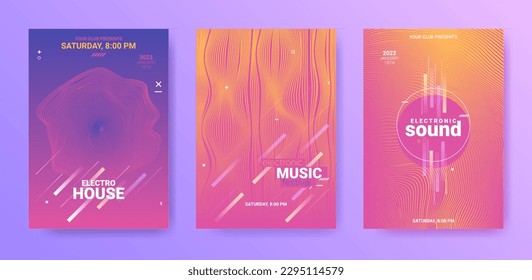 Electro Music Flyers Set. Techno Party Poster. Gradient Wave Line. Abstract Dj Banner. Electronic Music Flyers Set. Minimal Sound Rhythm. Vector Edm Illustration. Electronic Music Flyers.