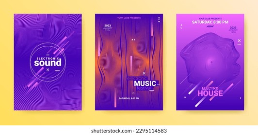 Electro Music Flyers Set. Techno Party Poster. Gradient Wave Line. Abstract Dj Banner. Electronic Music Flyers Set. Minimal Sound Rhythm. Vector Edm Illustration. Electronic Music Flyers.
