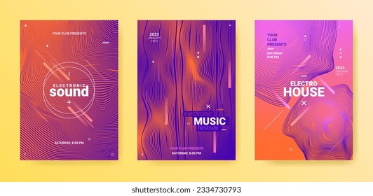 Electro Music Flyers Set. Techno Party Poster. Gradient Wave Movement. Abstract Dj Banner. Electronic Music Flyers. Psychedelic Sound Rhythm. Vector 3d Illustration. Electronic Music Flyers Set.