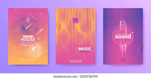 Electro Music Flyers Set. Techno Party Poster. Gradient Wave Movement. Abstract Dj Banner. Electronic Music Flyers. Psychedelic Sound Rhythm. Vector 3d Illustration. Electronic Music Flyers Set.