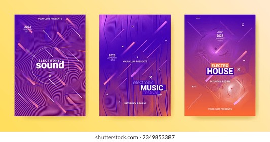 Electro Music Flyers Set. Techno Party Poster. Gradient Wave Movement. Vector 3d Illustration. Electronic Music Flyers Set. Minimal Sound Design. Abstract Dj Banner. Electronic Music Flyers.