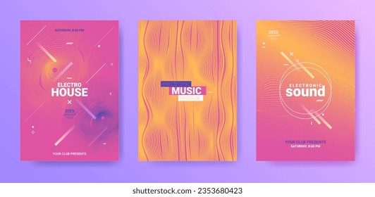 Electro Music Flyers Set. Techno Dance Cover. Gradient Verzerrungslinien. Vektorgrafik Edm Illustration. Electronic Music Flyers Set. Geometrisches Sound-Design. Abstraktes 3D-Banner. Electronic Music Flyers.