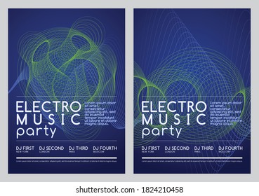 Electro music party poster template. Abstract sound waves of many lines isolated on dark blue backround. Creative vector line art.  