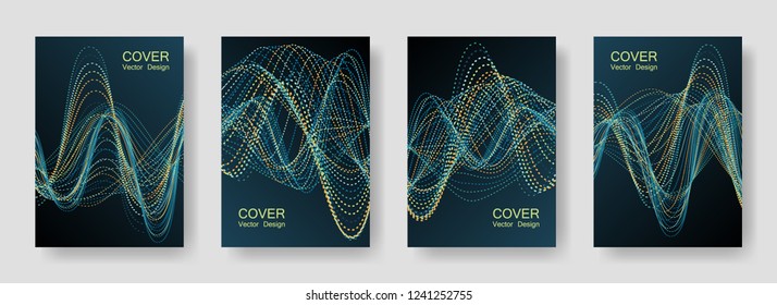 Electro Music Party Posters with Colorful DJ Equalizer. Vector Abstract Background for Night Dance Event. Neon Equalizer Cover Templates Set. Fest Music Posters with Green Orange Sound Wave Lines Flow