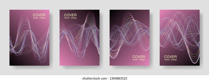 Electro Music Party Posters with Colorful DJ Equalizer. Vector Abstract Brochures for Night Disco Event. Neon Equalizer Cover Templates Set. Nightclub Music Posters with Purple Sound Wave Amplitude.