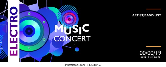 Electro music poster banner for concert and party with colorful collage shape on black background