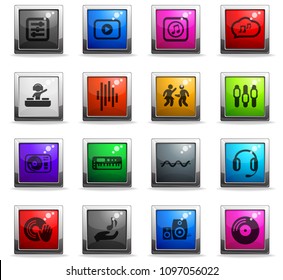 electro music web icons in square colored buttons