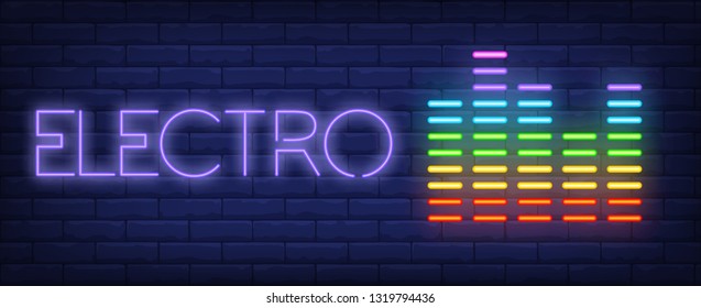 Electro neon text with equalizer scale. Music, party and disco design. Night bright neon sign, colorful billboard, light banner. Vector illustration in neon style.