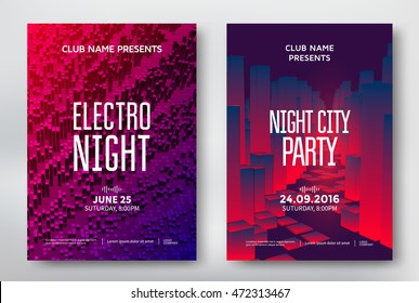 Electro night and night city party poster template design. Music club background. Vector illustration