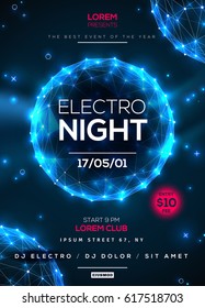 Electro night dance party poster template with blue shining polygonal elements on dark background. Vector illustration. 