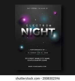 Electro Night Party Flyer Or Invitation Card With Event Details In Black Color.