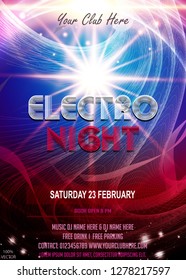 Electro night party flyer poster. Futuristic club flyer design template. DJ advertising, digital creative club entertainment. 