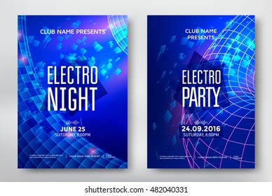 Electro night and electro party poster template design. Music club background. Vector illustration